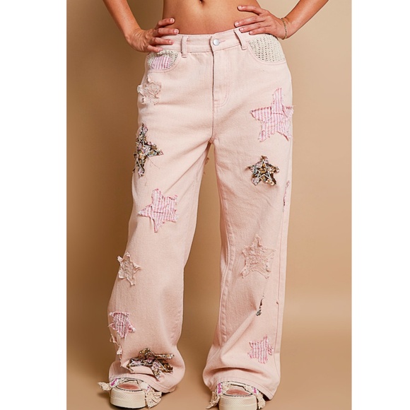 "The Nora" Pink Star Patch Jeans - Picture 1 of 5